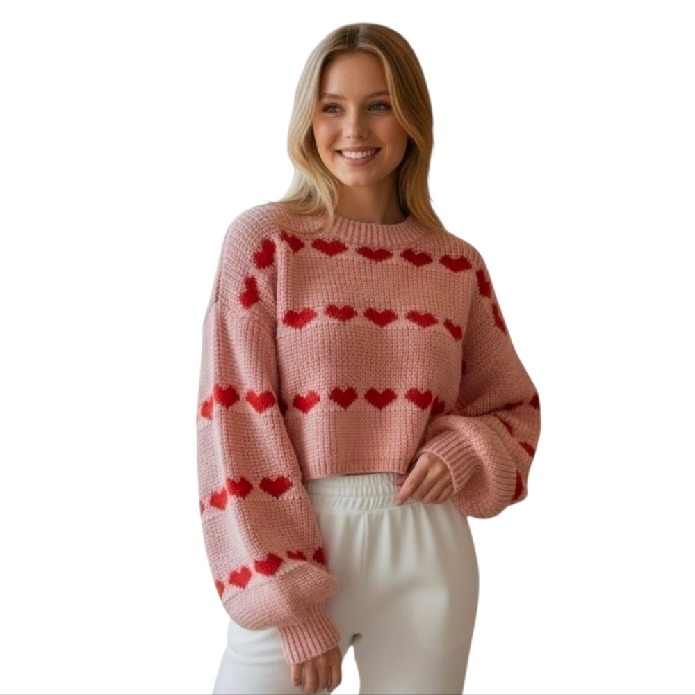 Pink Crewneck Cropped Sweater w Red Hearts and Long Puff Sleeves fits M to L